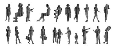 Vektör siluetleri, insanların ana hatları, Contour çizimleri, insanların siluetleri, ikon kümesi izole edilmiş, oturan insanların silueti, mimari set