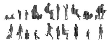 Vektör siluetleri, insanların ana hatları, Contour çizimleri, insanların siluetleri, ikon kümesi izole edilmiş, oturan insanların silueti, mimari set