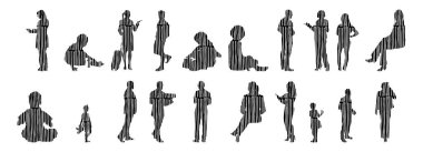 Vektör siluetleri, insanların ana hatları, Contour çizimleri, insanların siluetleri, ikon kümesi izole edilmiş, oturan insanların silueti, mimari set