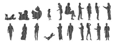 Vektör siluetleri, insanların ana hatları, Contour çizimleri, insanların siluetleri, ikon kümesi izole edilmiş, oturan insanların silueti, mimari set