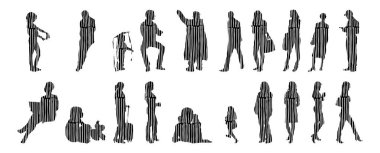 Vektör siluetleri, insanların ana hatları, Contour çizimleri, insanların siluetleri, ikon kümesi izole edilmiş, oturan insanların silueti, mimari set