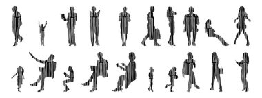 Vektör siluetleri, insanların ana hatları, Contour çizimleri, insanların siluetleri, ikon kümesi izole edilmiş, oturan insanların silueti, mimari set