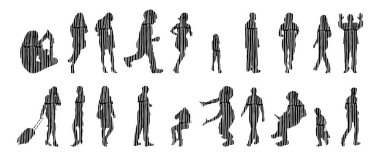 Vektör siluetleri, insanların ana hatları, Contour çizimleri, insanların siluetleri, ikon kümesi izole edilmiş, oturan insanların silueti, mimari set