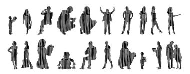 Vektör siluetleri, insanların ana hatları, Contour çizimleri, insanların siluetleri, ikon kümesi izole edilmiş, oturan insanların silueti, mimari set