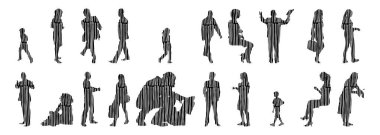 Vektör siluetleri, insanların ana hatları, Contour çizimleri, insanların siluetleri, ikon kümesi izole edilmiş, oturan insanların silueti, mimari set