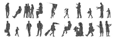 Vektör siluetleri, insanların ana hatları, Contour çizimleri, insanların siluetleri, ikon kümesi izole edilmiş, oturan insanların silueti, mimari set