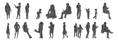 Vektör siluetleri, insanların ana hatları, Contour çizimleri, insanların siluetleri, ikon kümesi izole edilmiş, oturan insanların silueti, mimari set