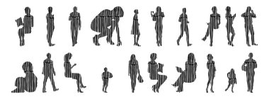 Vektör siluetleri, insanların ana hatları, Contour çizimleri, insanların siluetleri, ikon kümesi izole edilmiş, oturan insanların silueti, mimari set