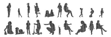 Vektör siluetleri, insanların ana hatları, Contour çizimleri, insanların siluetleri, ikon kümesi izole edilmiş, oturan insanların silueti, mimari set