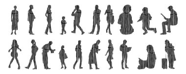 Vektör siluetleri, insanların ana hatları, Contour çizimleri, insanların siluetleri, ikon kümesi izole edilmiş, oturan insanların silueti, mimari set