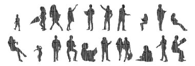 Vektör siluetleri, insanların ana hatları, Contour çizimleri, insanların siluetleri, ikon kümesi izole edilmiş, oturan insanların silueti, mimari set