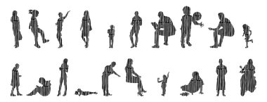 Vektör siluetleri, insanların ana hatları, Contour çizimleri, insanların siluetleri, ikon kümesi izole edilmiş, oturan insanların silueti, mimari set