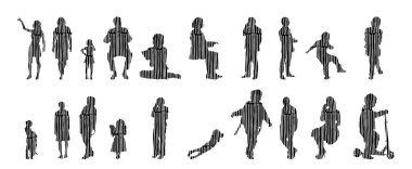 Vektör siluetleri, insanların ana hatları, Contour çizimleri, insanların siluetleri, ikon kümesi izole edilmiş, oturan insanların silueti, mimari set