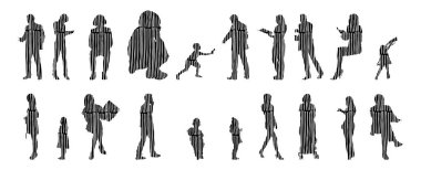 Vektör siluetleri, insanların ana hatları, Contour çizimleri, insanların siluetleri, ikon kümesi izole edilmiş, oturan insanların silueti, mimari set