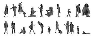 Vektör siluetleri, insanların ana hatları, Contour çizimleri, insanların siluetleri, ikon kümesi izole edilmiş, oturan insanların silueti, mimari set