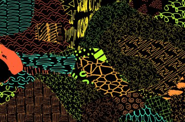 Soyut siyah konturlar, el vektör desen çizdi. Geometrik tarzı Retro soyut desen. Soyut çok renkli geometrik desen.