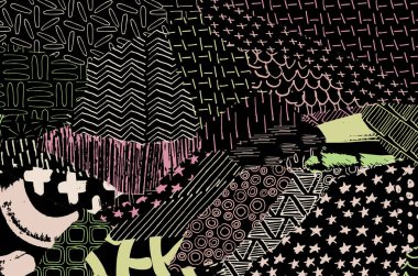 Soyut siyah konturlar, el vektör desen çizdi. Geometrik tarzı Retro soyut desen. Soyut çok renkli geometrik desen.