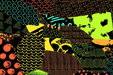 Soyut siyah konturlar, el vektör desen çizdi. Geometrik tarzı Retro soyut desen. Soyut çok renkli geometrik desen.