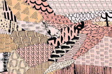 Soyut siyah konturlar, el vektör desen çizdi. Geometrik tarzı Retro soyut desen. Soyut çok renkli geometrik desen.