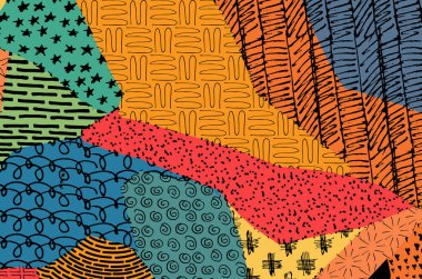 Soyut siyah konturlar, el vektör desen çizdi. Geometrik tarzı Retro soyut desen. Soyut çok renkli geometrik desen.