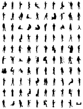 Vektör siluetleri, insanların ana hatları, Contour çizimleri, insanların siluetleri, ikon kümesi izole edilmiş, oturan insanların silueti, mimari set