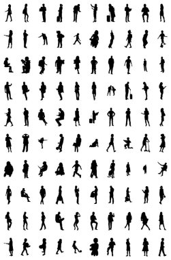 Vektör siluetleri, insanların ana hatları, Contour çizimleri, insanların siluetleri, ikon kümesi izole edilmiş, oturan insanların silueti, mimari set