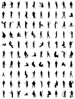 Vektör siluetleri, insanların ana hatları, Contour çizimleri, insanların siluetleri, ikon kümesi izole edilmiş, oturan insanların silueti, mimari set