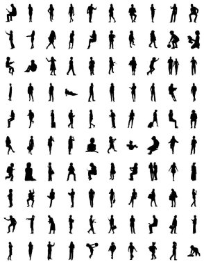 Vektör siluetleri, insanların ana hatları, Contour çizimleri, insanların siluetleri, ikon kümesi izole edilmiş, oturan insanların silueti, mimari set