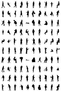 Vektör siluetleri, insanların ana hatları, Contour çizimleri, insanların siluetleri, ikon kümesi izole edilmiş, oturan insanların silueti, mimari set