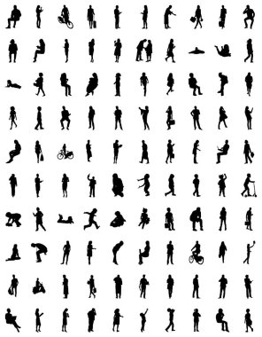 Vektör siluetleri, insanların ana hatları, Contour çizimleri, insanların siluetleri, ikon kümesi izole edilmiş, oturan insanların silueti, mimari set
