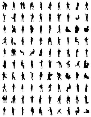 Vektör siluetleri, insanların ana hatları, Contour çizimleri, insanların siluetleri, ikon kümesi izole edilmiş, oturan insanların silueti, mimari set