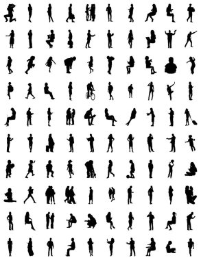 Vektör siluetleri, insanların ana hatları, Contour çizimleri, insanların siluetleri, ikon kümesi izole edilmiş, oturan insanların silueti, mimari set