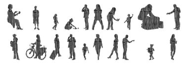 Vektör siluetleri, insanların ana hatları, Contour çizimleri, insanların siluetleri, ikon kümesi izole edilmiş, oturan insanların silueti, mimari set