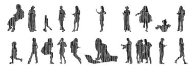 Vektör siluetleri, insanların ana hatları, Contour çizimleri, insanların siluetleri, ikon kümesi izole edilmiş, oturan insanların silueti, mimari set