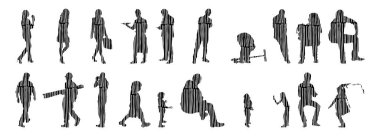 Vektör siluetleri, insanların ana hatları, Contour çizimleri, insanların siluetleri, ikon kümesi izole edilmiş, oturan insanların silueti, mimari set