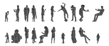 Vektör siluetleri, insanların ana hatları, Contour çizimleri, insanların siluetleri, ikon kümesi izole edilmiş, oturan insanların silueti, mimari set