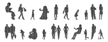 Vektör siluetleri, insanların ana hatları, Contour çizimleri, insanların siluetleri, ikon kümesi izole edilmiş, oturan insanların silueti, mimari set