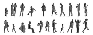 Vektör siluetleri, insanların ana hatları, Contour çizimleri, insanların siluetleri, ikon kümesi izole edilmiş, oturan insanların silueti, mimari set