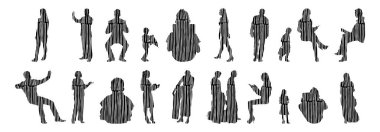 Vektör siluetleri, insanların ana hatları, Contour çizimleri, insanların siluetleri, ikon kümesi izole edilmiş, oturan insanların silueti, mimari set