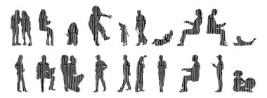 Vektör siluetleri, insanların ana hatları, Contour çizimleri, insanların siluetleri, ikon kümesi izole edilmiş, oturan insanların silueti, mimari set