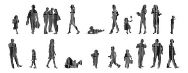 Vektör siluetleri, insanların ana hatları, Contour çizimleri, insanların siluetleri, ikon kümesi izole edilmiş, oturan insanların silueti, mimari set