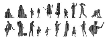 Vektör siluetleri, insanların ana hatları, Contour çizimleri, insanların siluetleri, ikon kümesi izole edilmiş, oturan insanların silueti, mimari set