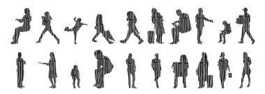 Vektör siluetleri, insanların ana hatları, Contour çizimleri, insanların siluetleri, ikon kümesi izole edilmiş, oturan insanların silueti, mimari set