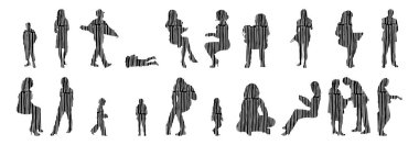 Vektör siluetleri, insanların ana hatları, Contour çizimleri, insanların siluetleri, ikon kümesi izole edilmiş, oturan insanların silueti, mimari set