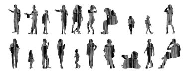 Vektör siluetleri, insanların ana hatları, Contour çizimleri, insanların siluetleri, ikon kümesi izole edilmiş, oturan insanların silueti, mimari set