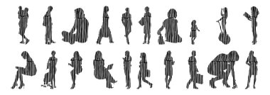 Vektör siluetleri, insanların ana hatları, Contour çizimleri, insanların siluetleri, ikon kümesi izole edilmiş, oturan insanların silueti, mimari set