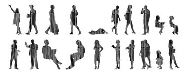 Vektör siluetleri, insanların ana hatları, Contour çizimleri, insanların siluetleri, ikon kümesi izole edilmiş, oturan insanların silueti, mimari set