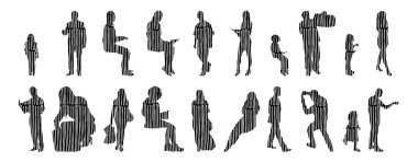 Vektör siluetleri, insanların ana hatları, Contour çizimleri, insanların siluetleri, ikon kümesi izole edilmiş, oturan insanların silueti, mimari set