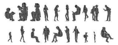 Vektör siluetleri, insanların ana hatları, Contour çizimleri, insanların siluetleri, ikon kümesi izole edilmiş, oturan insanların silueti, mimari set