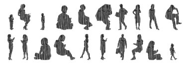 Vektör siluetleri, insanların ana hatları, Contour çizimleri, insanların siluetleri, ikon kümesi izole edilmiş, oturan insanların silueti, mimari set